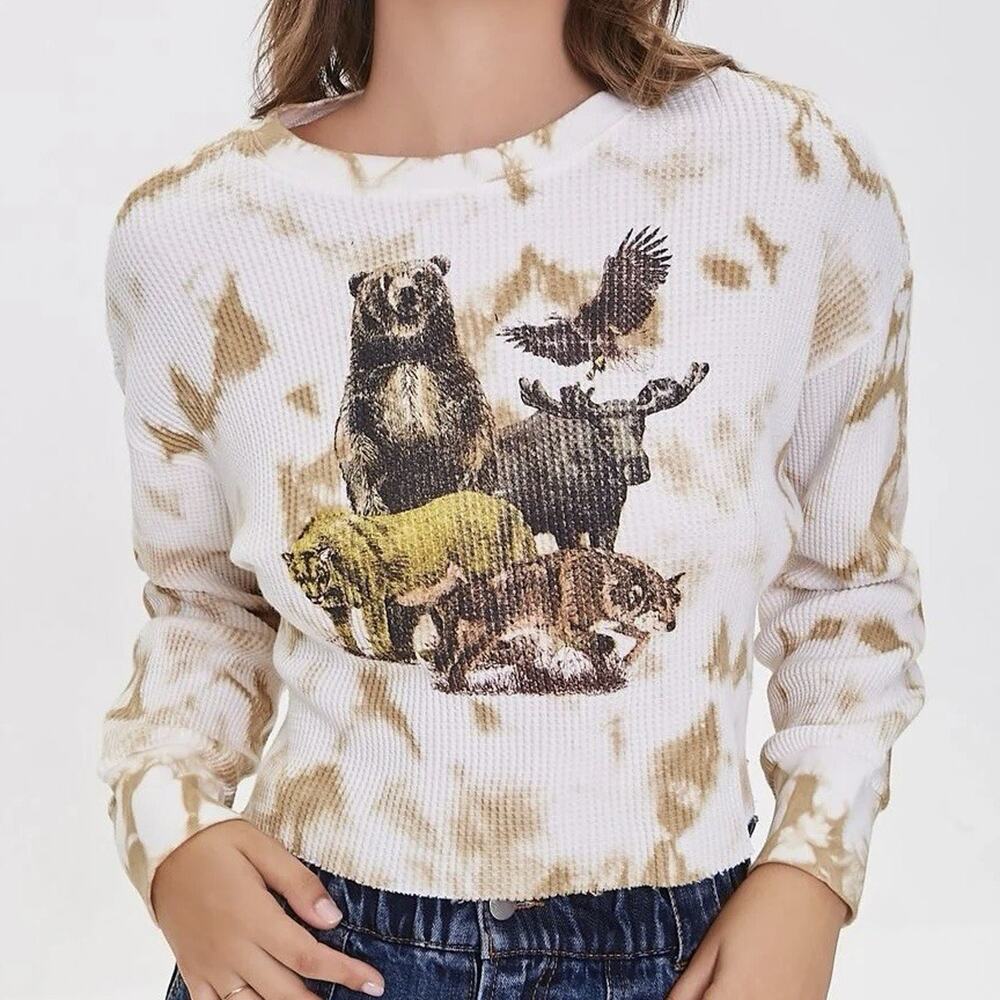 Forever 21 Thermal Knit Long Sleeve Top Brown Tie Dye Mtns Bear Moose Bird Small